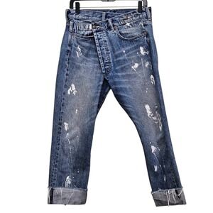 R13 Cross Over Jean Women 25 Estill Blue Paint Splatter Asymmetric Fly Artsy